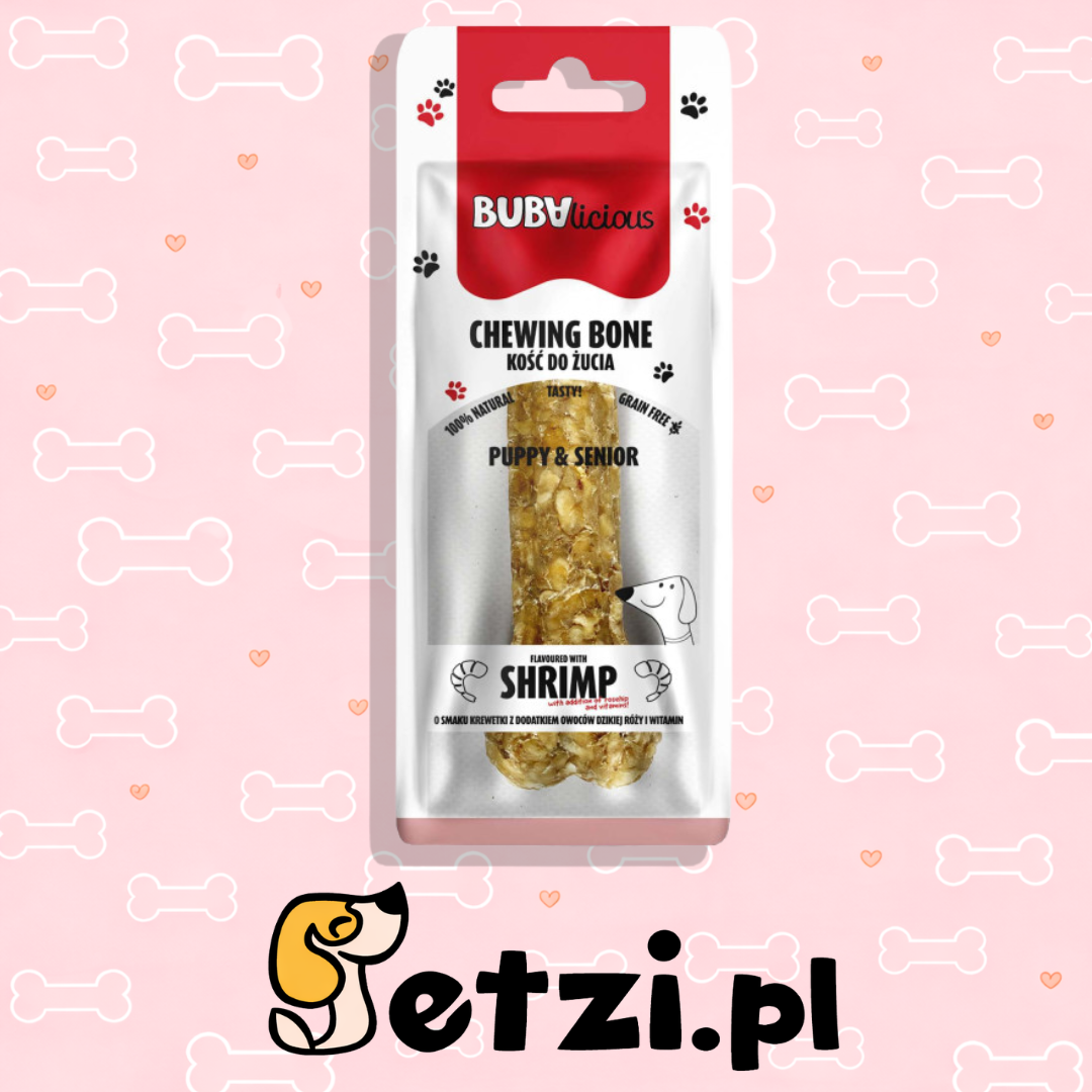 BUBA BUBALICIOUS KOŚĆ PUPPY SENIOR O SMAKU KREWETKI Z DODATKIEM OWOCÓW DZIKIEJ RÓŻY I WITAMIN 12CM