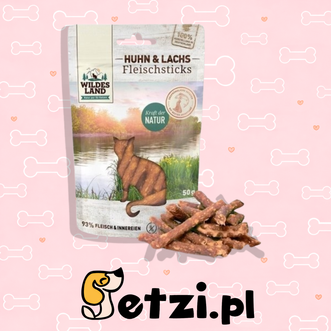 WILDES LAND CAT FLEISCHSTICKS HUHN LACHS PATYCZKI Z KURCZAKA I ŁOSOSIA 50G