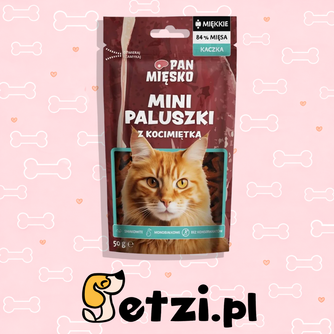PAN MIĘSKO PRZYSMAKI DLA KOTA MINI PALUSZKI KACZKA Z KOCIMIĘTKĄ 50G