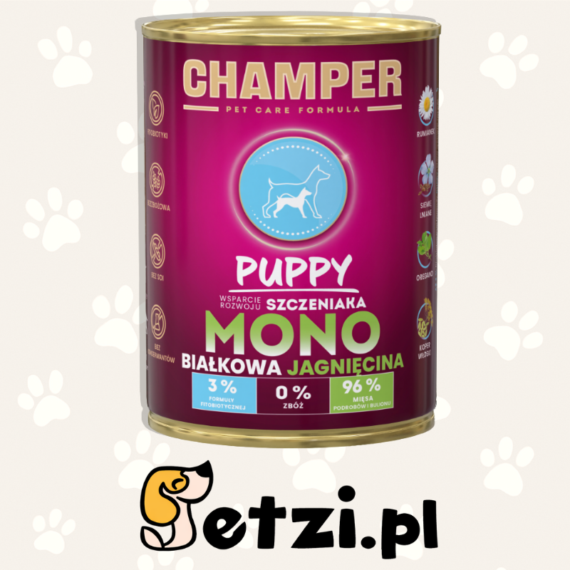 CHAMPER MOKRA KARMA DLA PSA PUPPY MONOBIAŁKOWA JAGNIĘCINA 400G