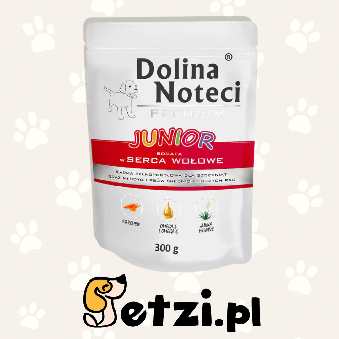 DOLINA NOTECI PREMIUM JUNIOR MOKRA KARMA DLA PSA BOGATA W SERCA WOŁOWE 300G