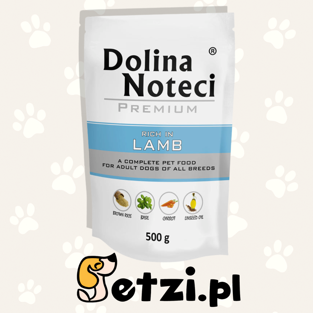 DOLINA NOTECI PREMIUM MOKRA KARMA DLA PSA BOGATA W JAGNIĘCINĘ 500G