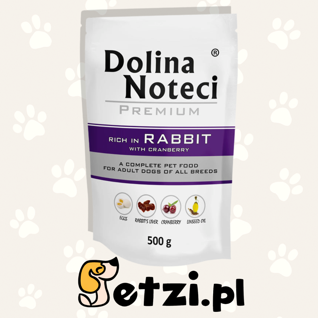 DOLINA NOTECI PREMIUM MOKRA KARMA DLA PSA BOGATA W KRÓLIKA Z ŻURAWINĄ 500G