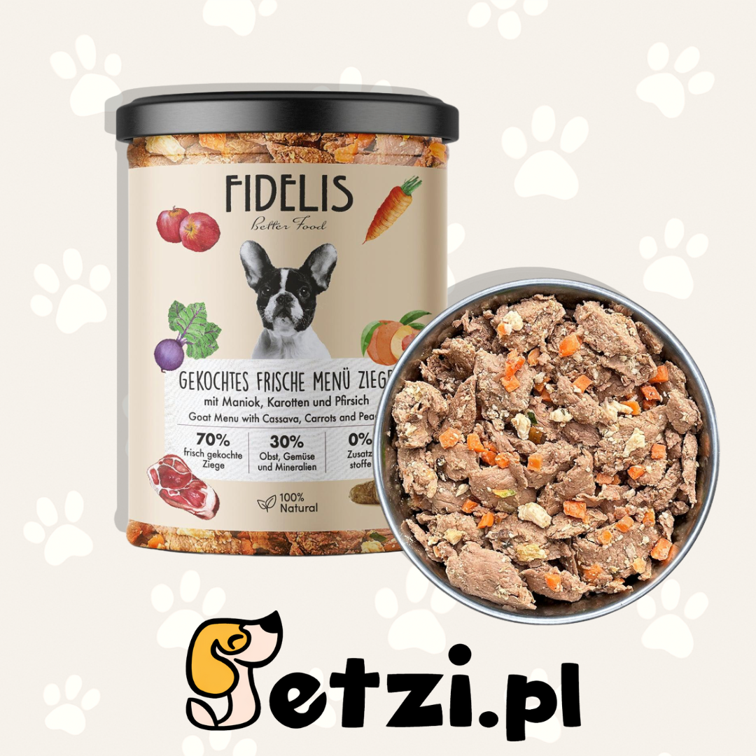 FIDELIS MOKRA KARMA DLA PSA SŁOIK ŚWIEŻA KOZA Z MANIOKIEM, MARCHEWKĄ I BRZOSKWINIĄ 400G