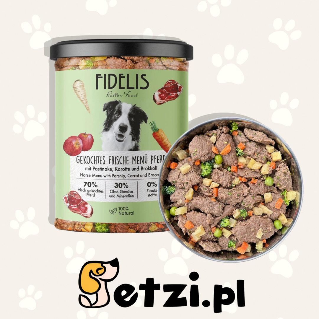 FIDELIS MOKRA KARMA DLA PSA SŁOIK ŚWIEŻY KOŃ Z PASTERNAKIEM, MARCHEWKĄ I BROKUŁAMI 400G