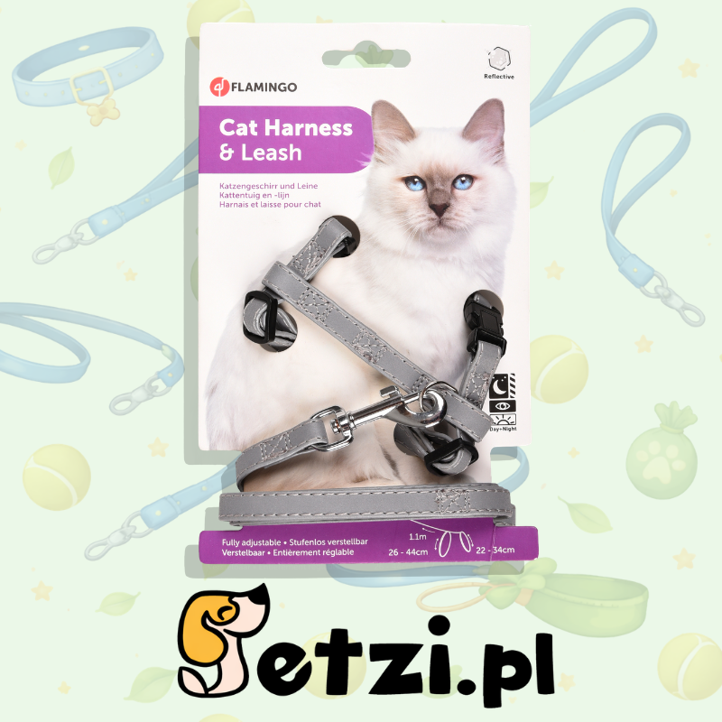 FLAMINGO CAT HARNESS WITH LEASH GREY 22-34CM 26-44CM 110CM 10MM