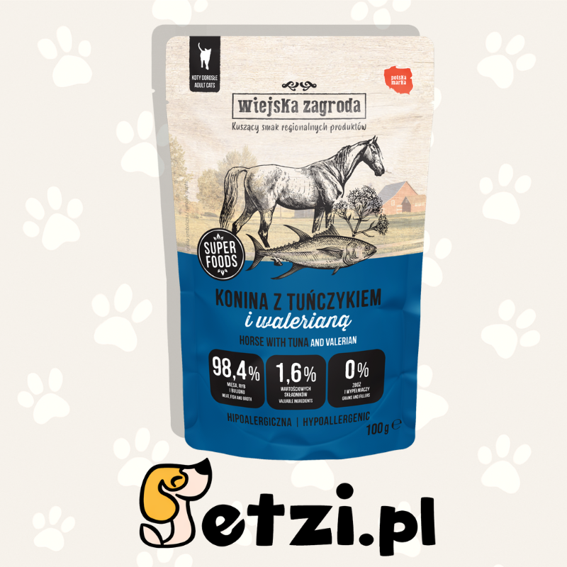WIEJSKA ZAGRODA KARMA MOKRA DLA KOTA KONINA Z TUŃCZYKIEM I WALERIANĄ (DOROSŁY) 100G