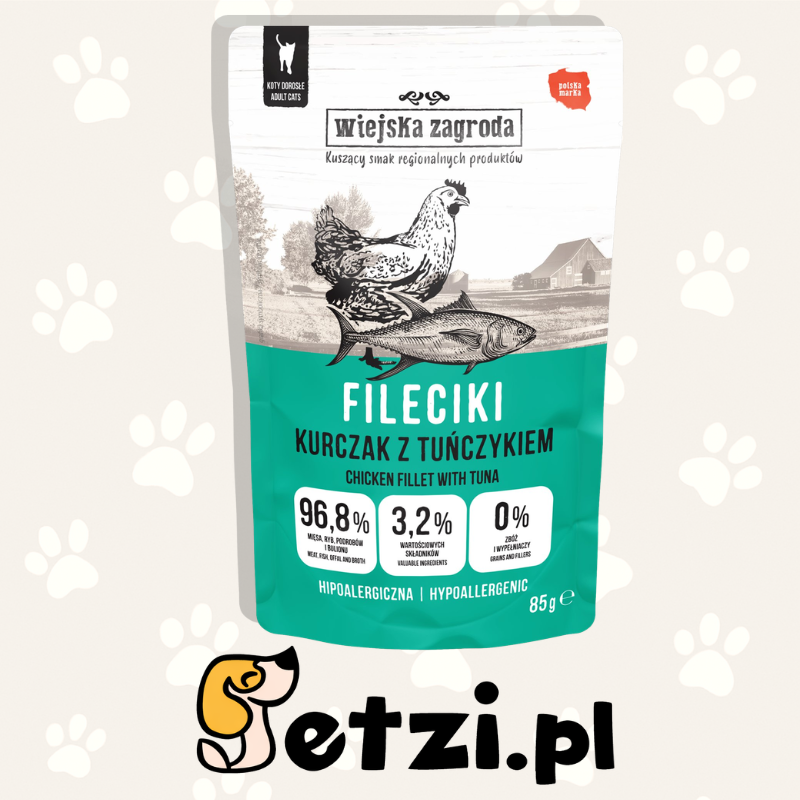 WIEJSKA ZAGRODA KARMA MOKRA DLA KOTA FILECIKI KURCZAK Z TUŃCZYKIEM (DOROSŁY) 85G