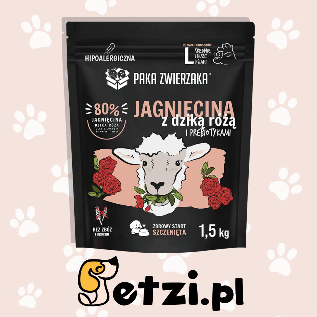 PAKA ZWIERZAKA JUNIOR SUCHA KARMA DLA PSA JAGNIĘCINA Z DZIKĄ RÓŻĄ L 1,5KG