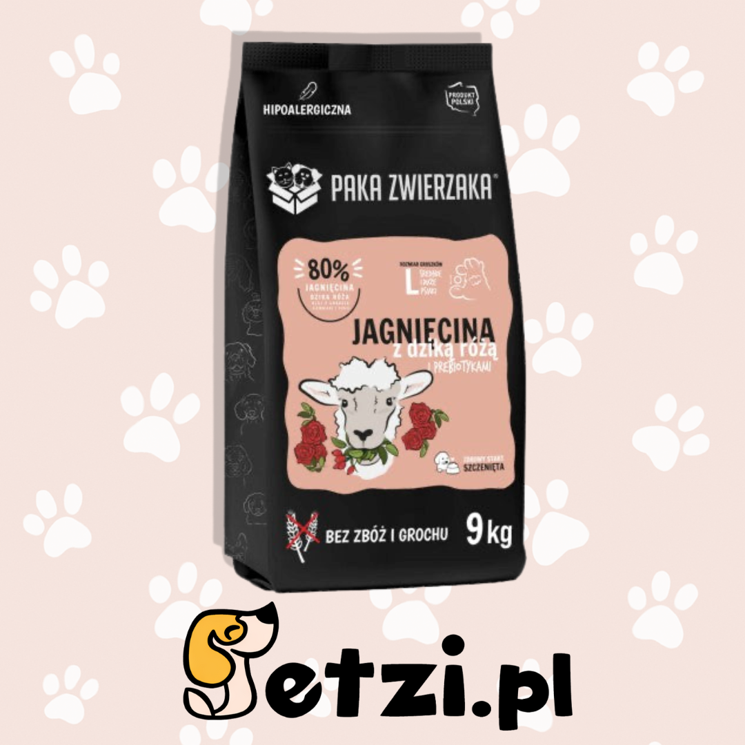 PAKA ZWIERZAKA JUNIOR SUCHA KARMA DLA PSA JAGNIĘCINA Z DZIKĄ RÓŻĄ L 9KG