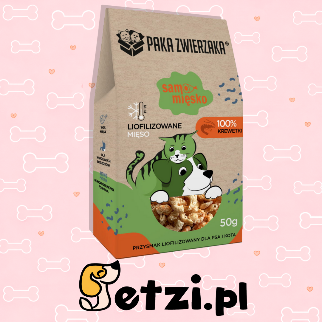 PAKA ZWIERZAKA SAMO MIĘSKO PRZYSMAKI DLA PSA LIO KREWETKI 50G