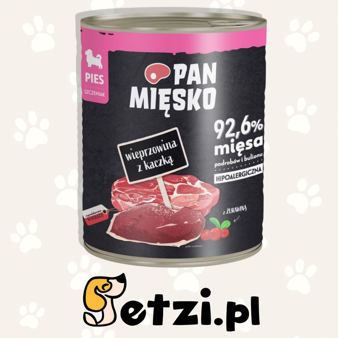 PAN MIĘSKO JUNIOR MOKRA KARMA DLA PSA WIEPRZOWINA Z KACZKĄ 800G