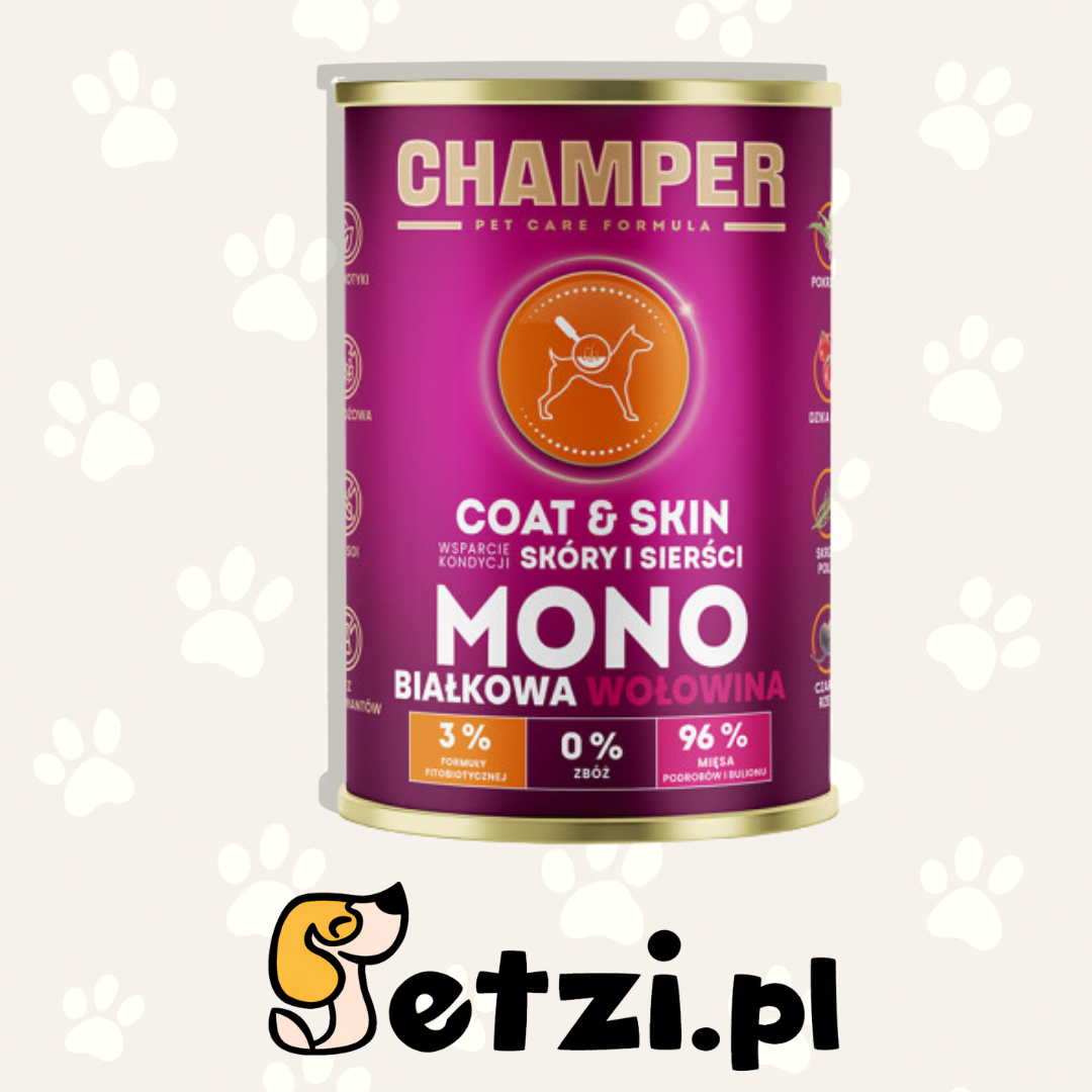 CHAMPER MOKRA KARMA DLA PSA COAT&SKIN MONOBIAŁKOWA WOŁOWINA 400G