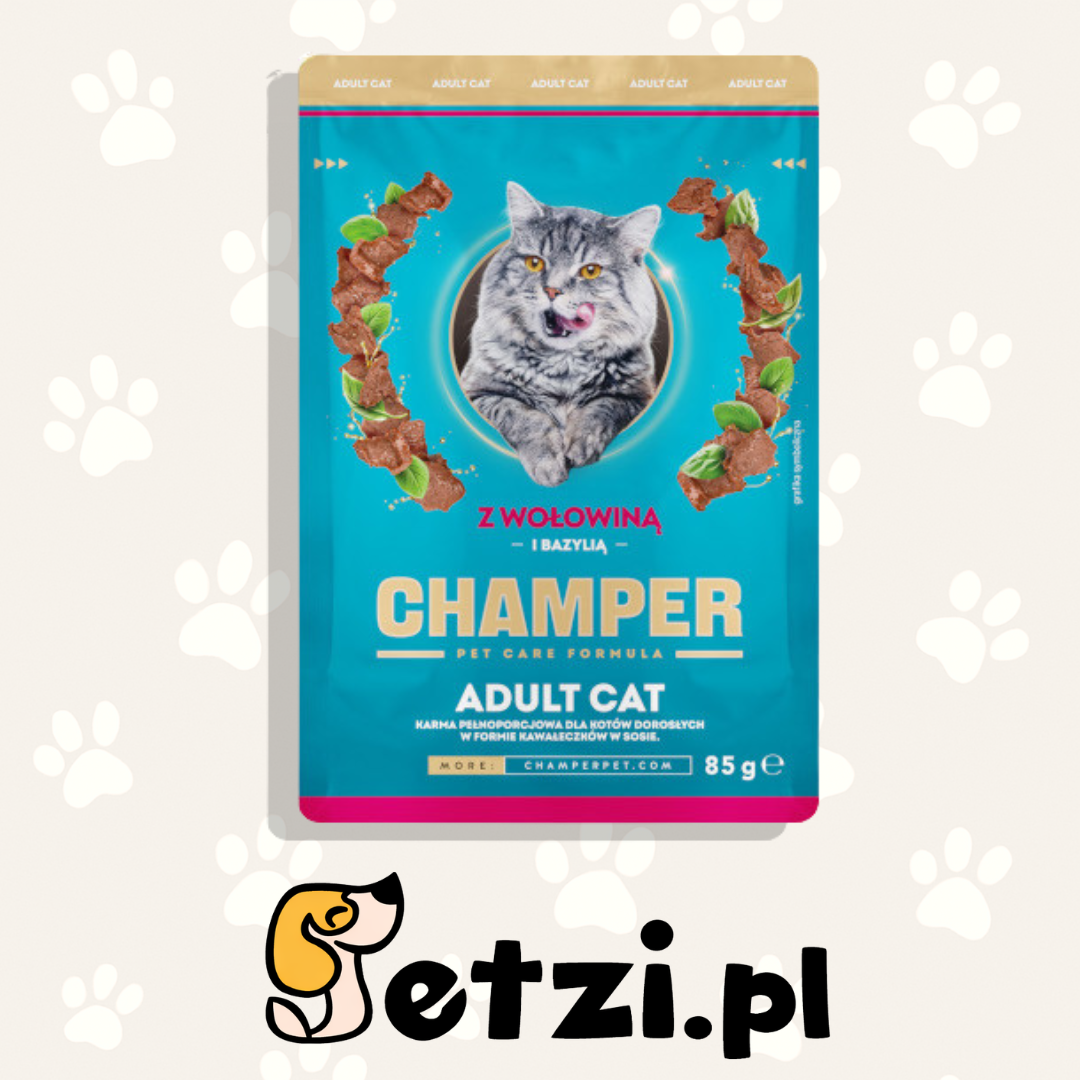 CHAMPER MOKRA KARMA KOT Z WOŁOWINĄ I BAZYLIĄ W SOSIE - SASZETKA 85G