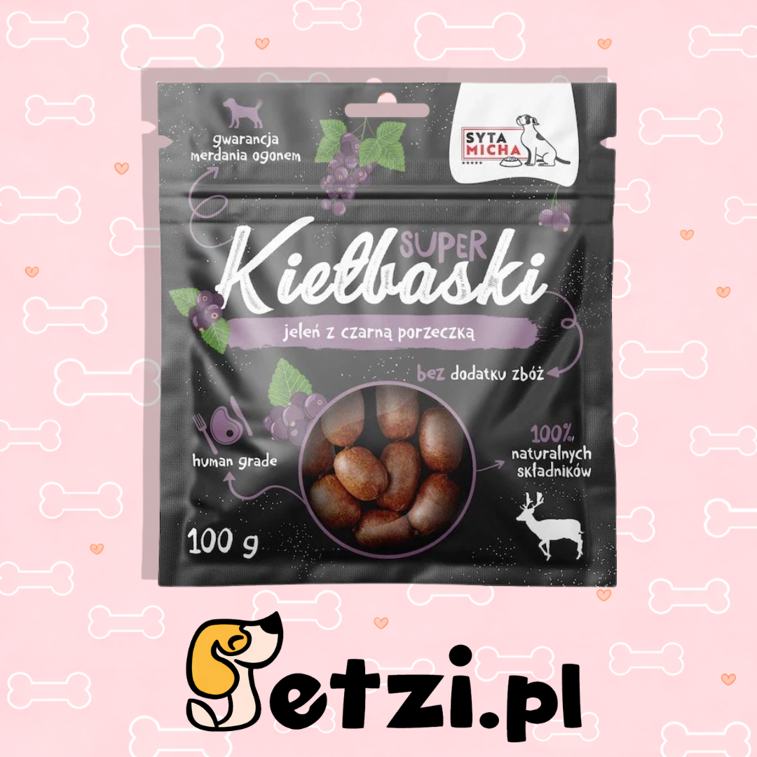 SYTA MICHA SUPER KIEŁBASKI PRZYSMAKI DLA PSA Z JELENIEM I CZARNĄ PORZECZKĄ 100G