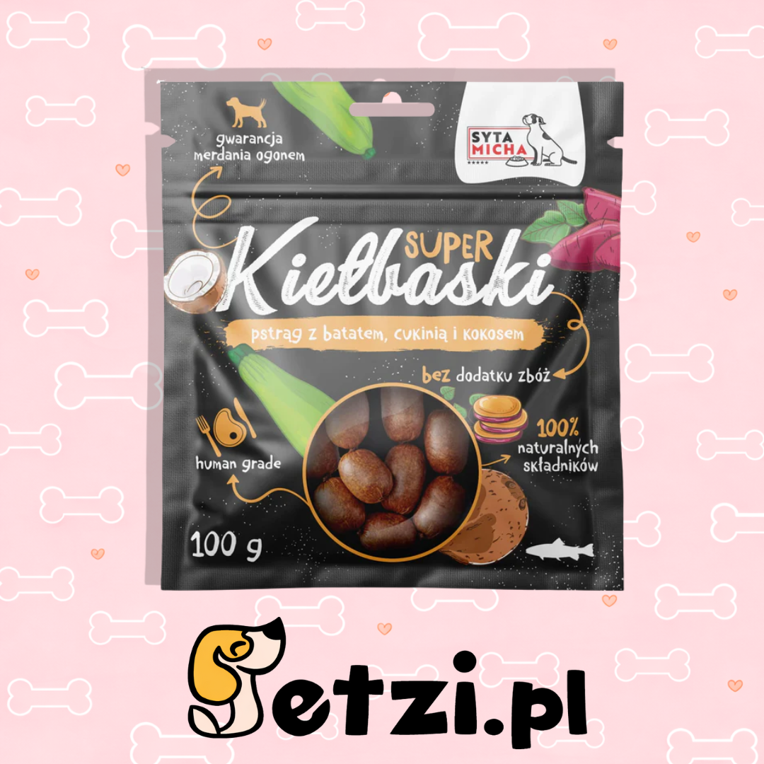 SYTA MICHA SUPER KIEŁBASKI PRZYSMAKI DLA PSA Z PSTRĄGIEM, BATATEM, CUKINIĄ I KOKOSEM 100G