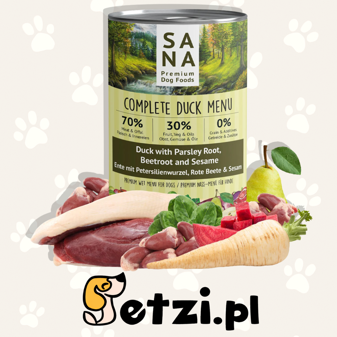 SANADOG MOKRA KARMA DLA PSA KACZKA Z KORZENIEM PIETRUSZKI, BURAKAMI I SEZAMEM 400G