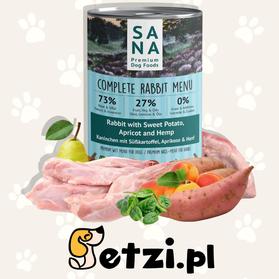 SANADOG MOKRA KARMA DLA PSA KRÓLIK ZE SLODKIMI ZIEMNIAKAMI MORELĄ I KONOPIAMI 400G