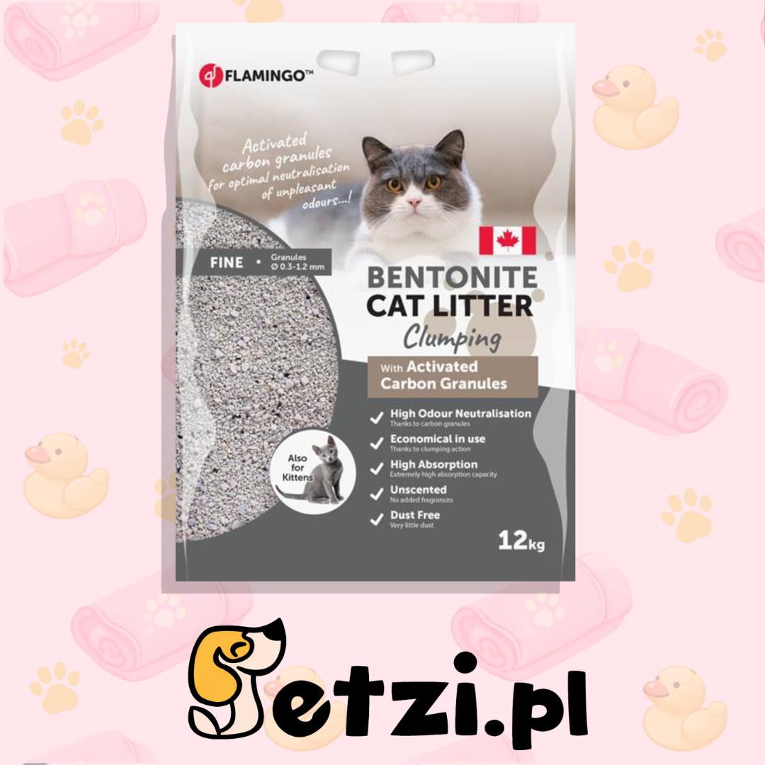 FLAMINGO CAT LITTER BENTONITE CAN NATURE + ACTIVATED CARBON GRANULES FINE 12KG