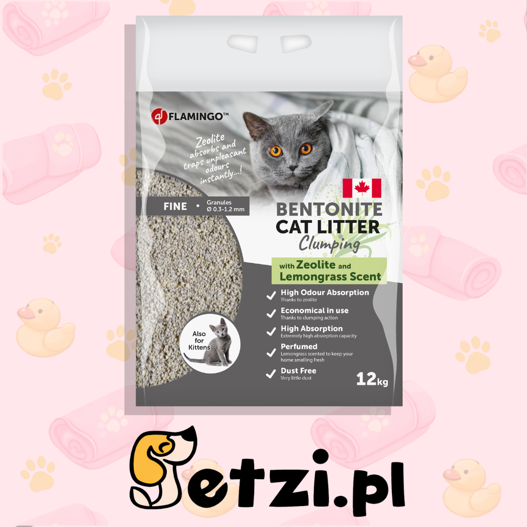 FLAMINGO CAT LITTER BENTONITE CAN LEMONGRASS + GREEN ZEOLITE FINE 12KG