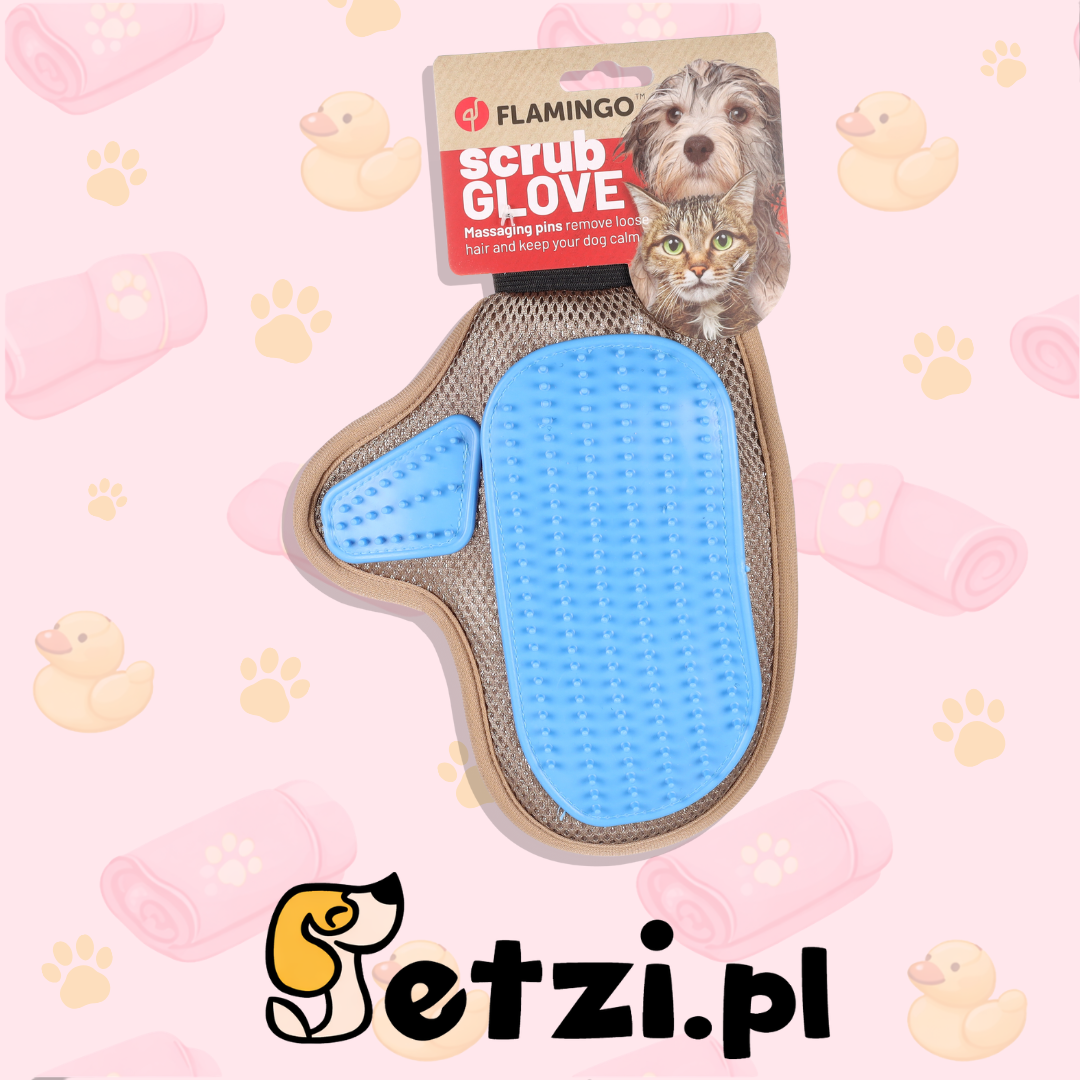 FLAMINGO GROOMING GLOVE HATNA TAUPE/BLUE 25X18X1,5CM
