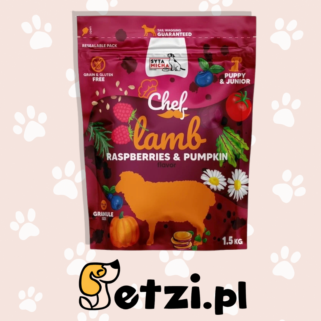 SYTA MICHA CHEF JUNIOR SUCHA KARMA DLA PSA JAGNIĘCINA, MALINY, DYNIA 1,5KG