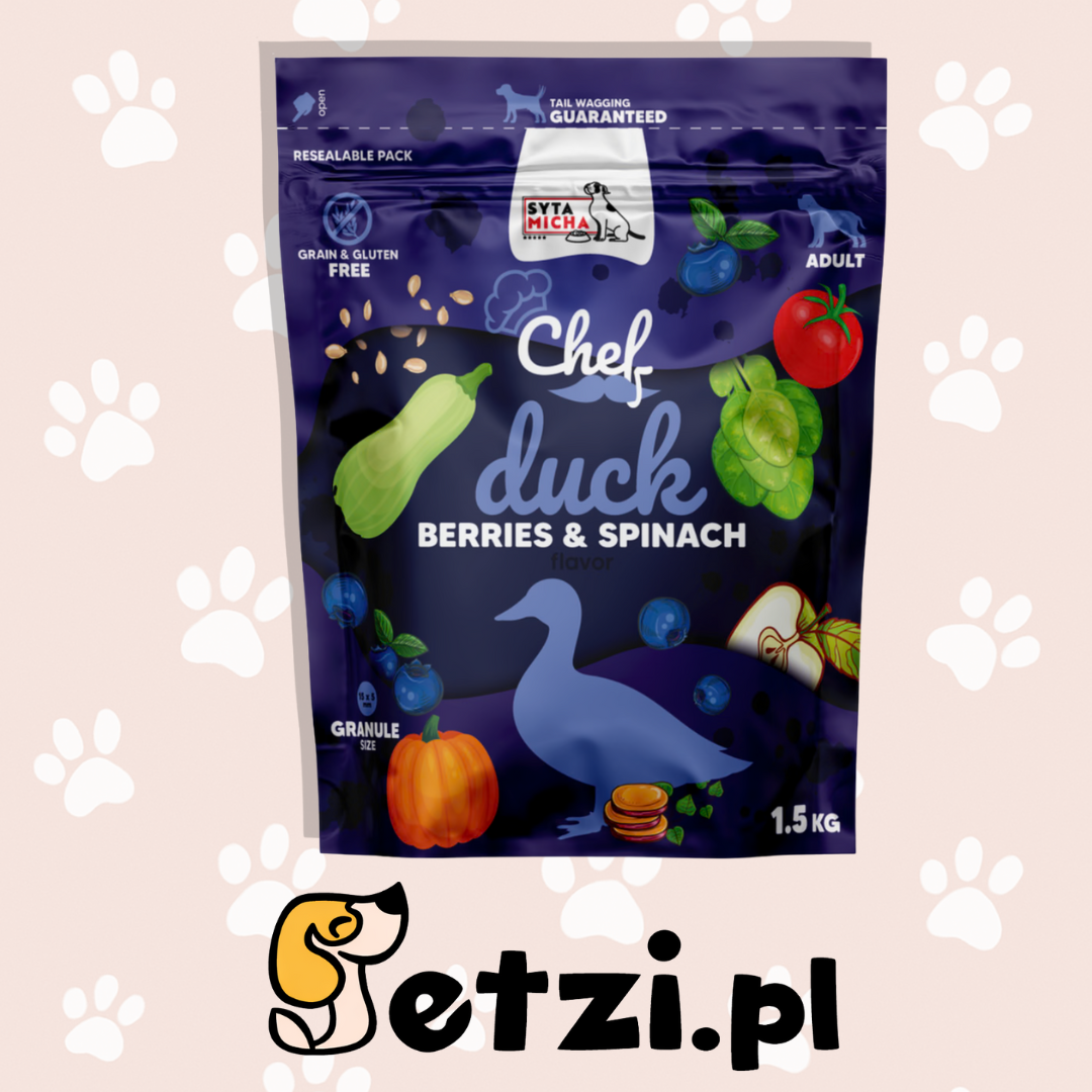 SYTA MICHA CHEF SUCHA KARMA DLA PSA KACZKA, JAGODY, SZPINAK 1,5KG