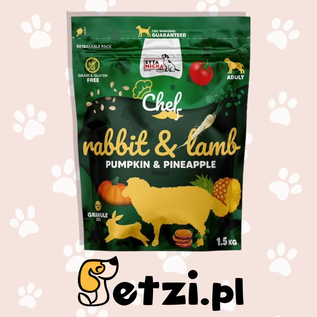 SYTA MICHA CHEF SUCHA KARMA DLA PSA KRÓLIK Z JAGNIĘCINĄ, DYNIA, ANANAS 1,5KG