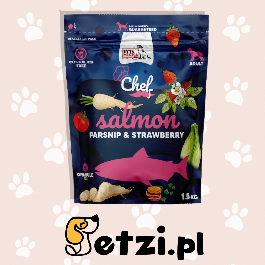 SYTA MICHA CHEF SUCHA KARMA DLA PSA ŁOSOŚ, PASTERNAK, TRUSKAWKI 1,5KG