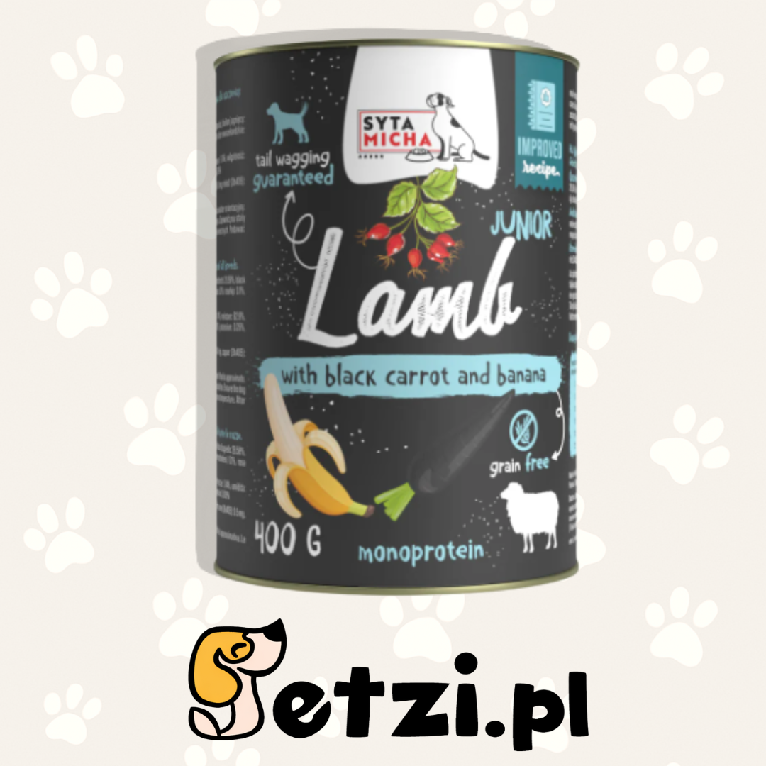 SYTA MICHA JUNIOR MOKRA KARMA DLA PSA JAGNIĘCINA Z CZARNĄ MARCHWIĄ I BANANEM 400G