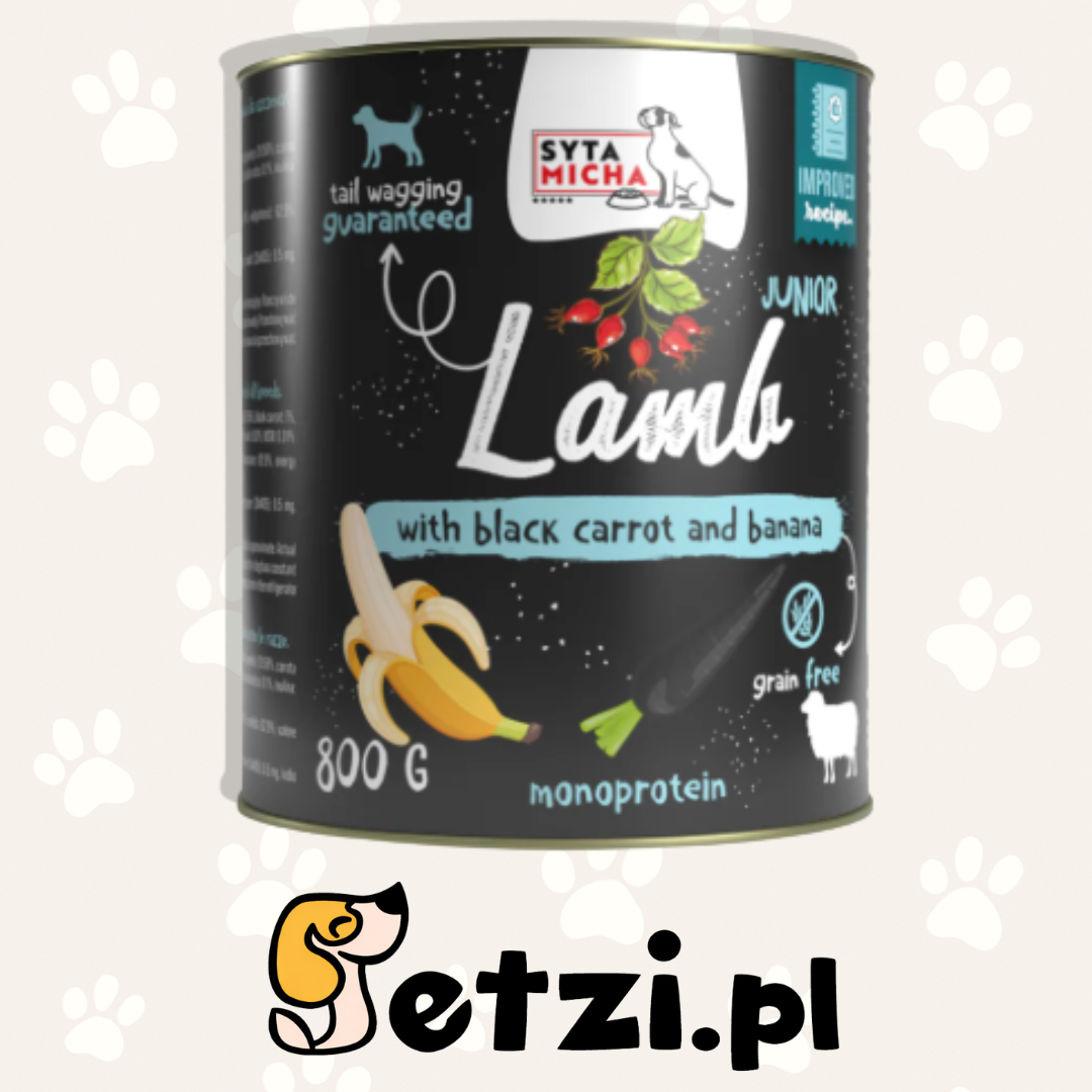 SYTA MICHA JUNIOR MOKRA KARMA DLA PSA JAGNIĘCINA Z CZARNĄ MARCHWIĄ I BANANEM 800G