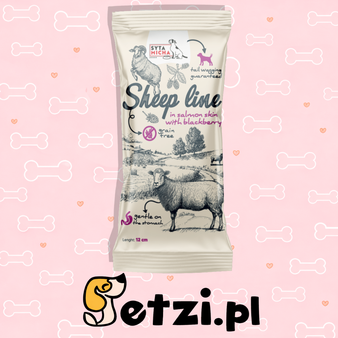 SYTA MICHA SHEEP LINE GRYZAK DLA PSA KOŚĆ OWCA W SKÓRZE ŁOSOSIA 12CM