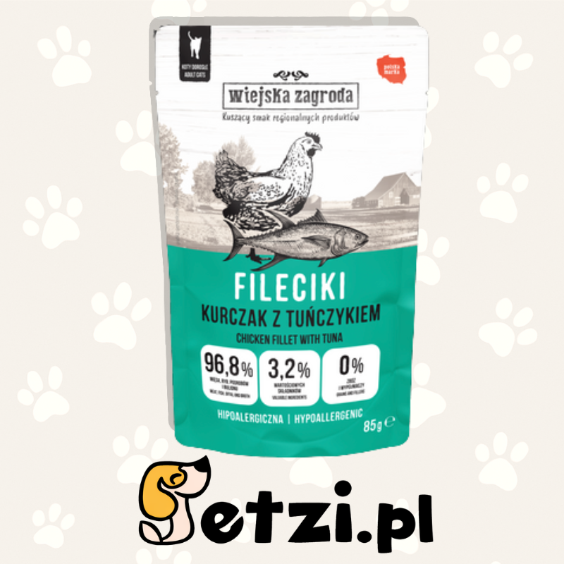 WIEJSKA ZAGRODA MOKRA KARMA DLA KOTA FILECIKI KURCZAK Z TUŃCZYKIEM 85G