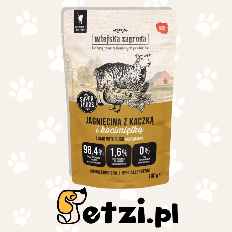 WIEJSKA ZAGRODA MOKRA KARMA DLA KOTA SASZETKA JAGNIĘCINA Z KACZKĄ 100G