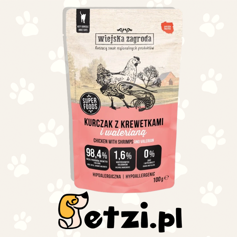 WIEJSKA ZAGRODA MOKRA KARMA DLA KOTA SASZETKA KURCZAK Z KREWETKAMI 100G