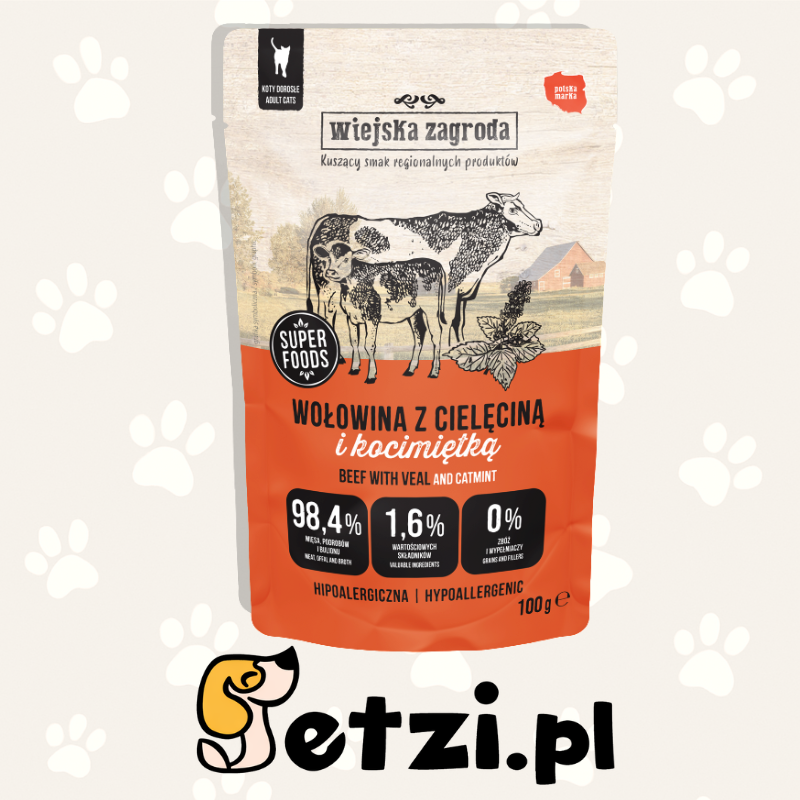 WIEJSKA ZAGRODA MOKRA KARMA DLA KOTA SASZETKA WOŁOWINA Z CIELĘCINĄ 100G