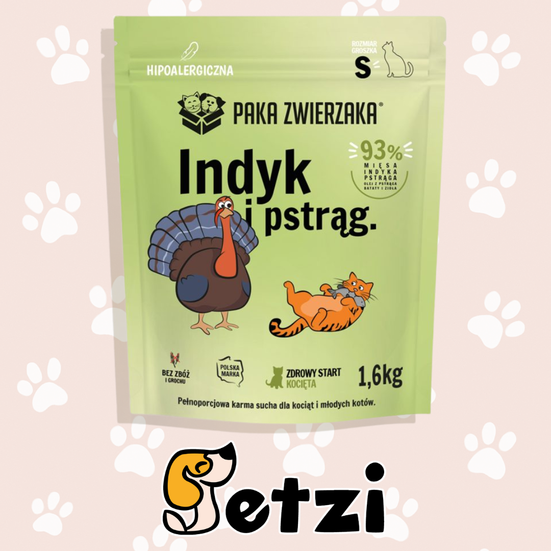 PAKA ZWIERZAKA KITTEN SUCHA KARMA KOT INDYK I PSTRĄG 1,6KG