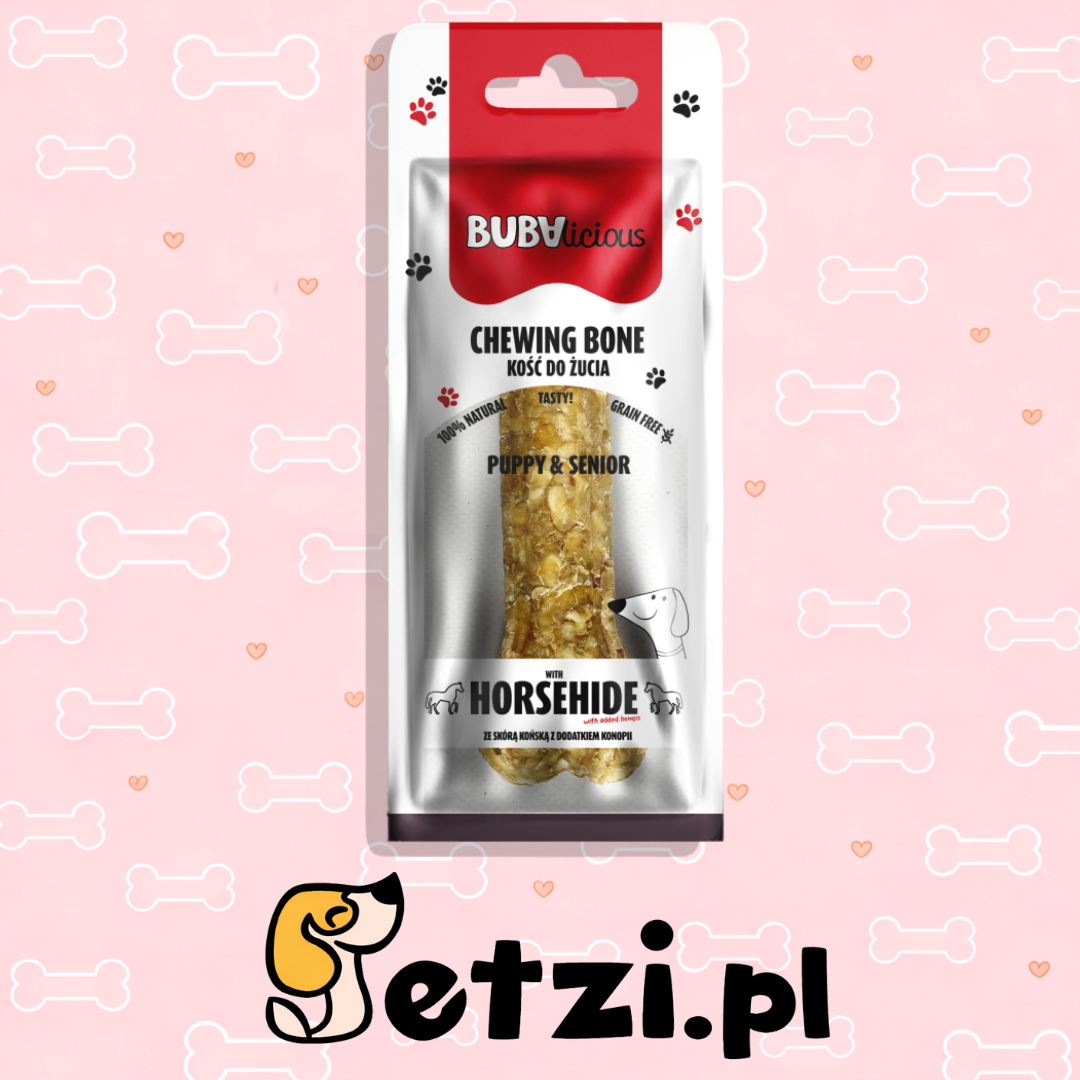 BUBA BUBALICIOUS KOŚĆ PUPPY SENIOR ZE SKÓRĄ KOŃSKĄ Z DODATKIEM KONOPII 17CM