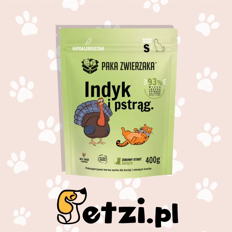 PAKA ZWIERZAKA KITTEN SUCHA KARMA KOT INDYK I PSTRĄG 400G