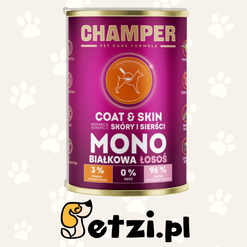 CHAMPER MOKRA KARMA DLA PSA COAT&SKIN MONOBIAŁKOWA ŁOSOŚ 400G