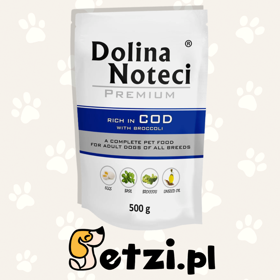 DOLINA NOTECI PREMIUM MOKRA KARMA DLA PSA BOGATA W DORSZA Z BROKUŁAMI 500G