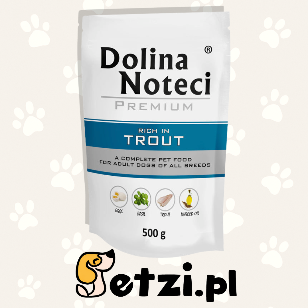 DOLINA NOTECI PREMIUM MOKRA KARMA DLA PSA BOGATA W PSTRĄGA 500G