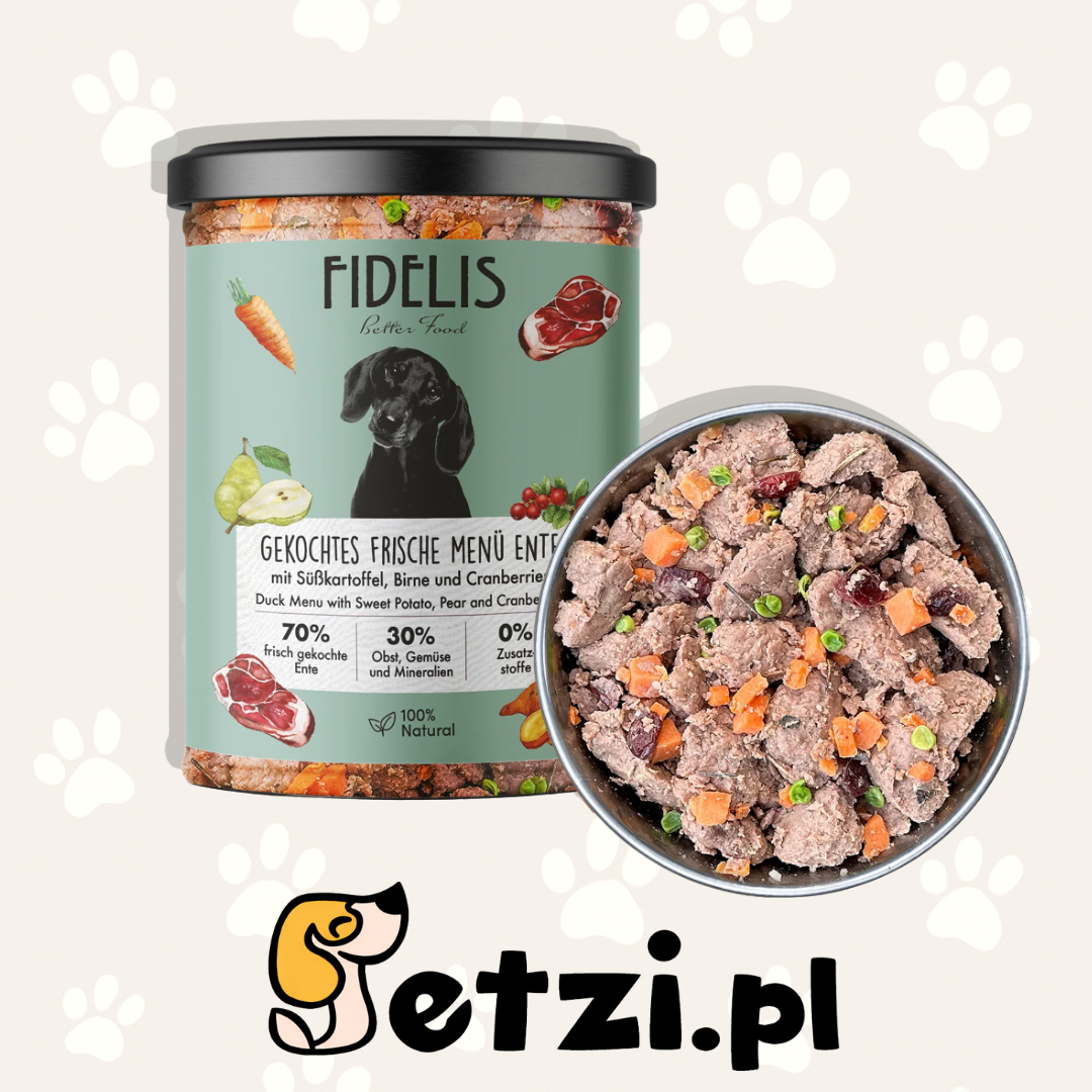 FIDELIS MOKRA KARMA DLA PSA SŁOIK ŚWIEŻA KACZKA Z BATATAMI, GRUSZKĄ I ŻURAWINĄ 400G
