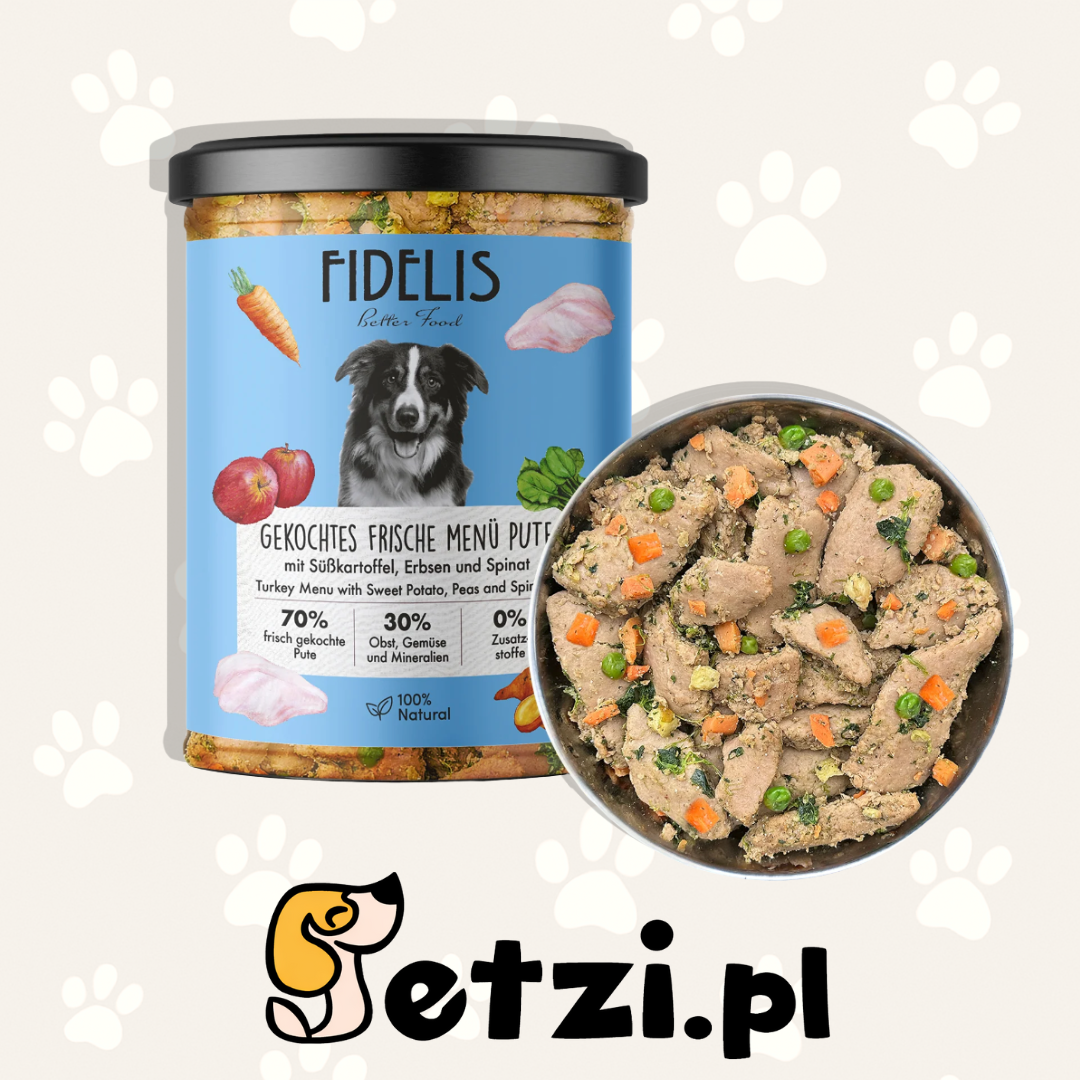 FIDELIS MOKRA KARMA DLA PSA SŁOIK ŚWIEŻY INDYK Z BATATAMI, GROSZKIEM I SZPINAKIEM 400G