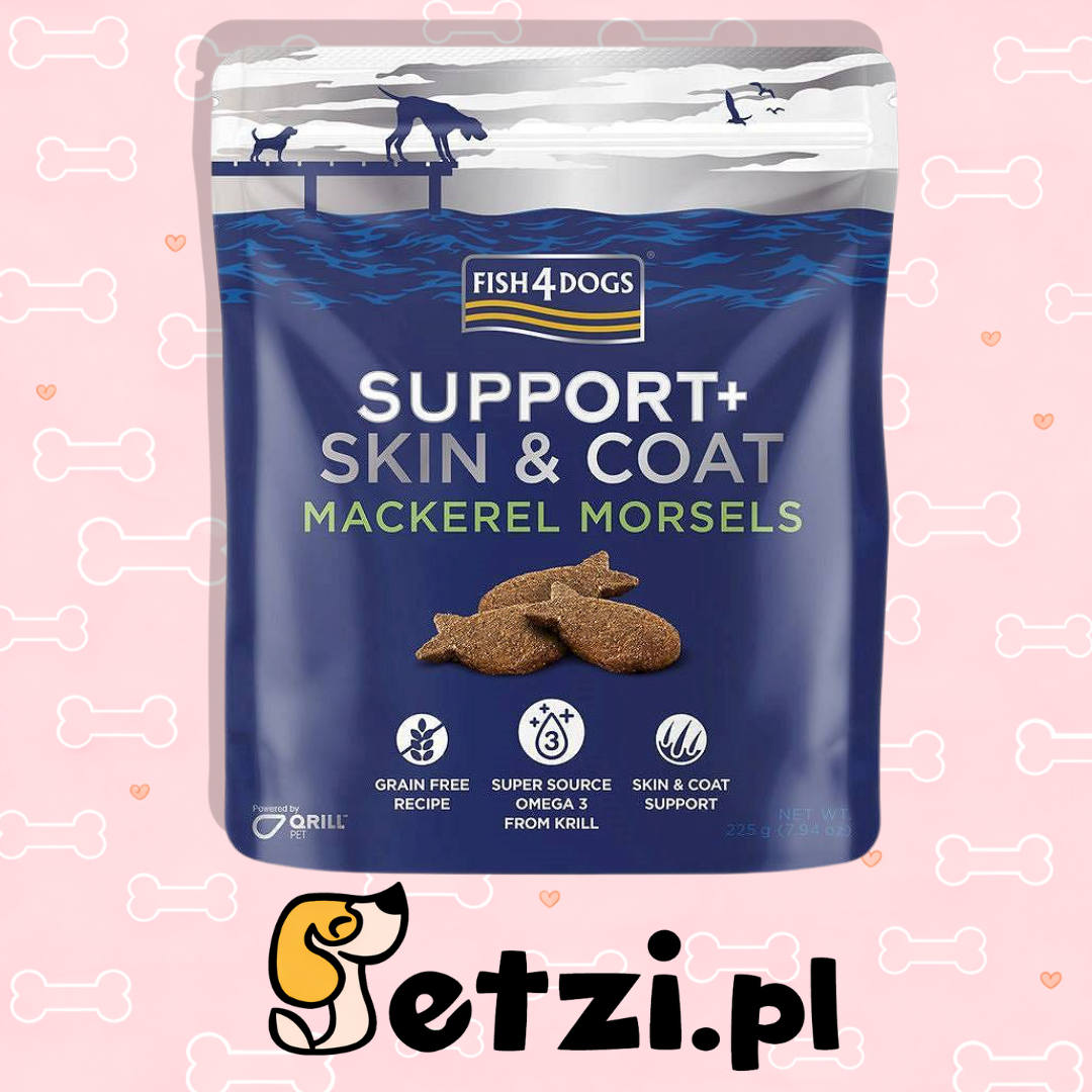 FISH4DOGS SUPPORT + PRZYSMAKI DLA PSA SKIN COAT MACKEREL MORSELS 225G