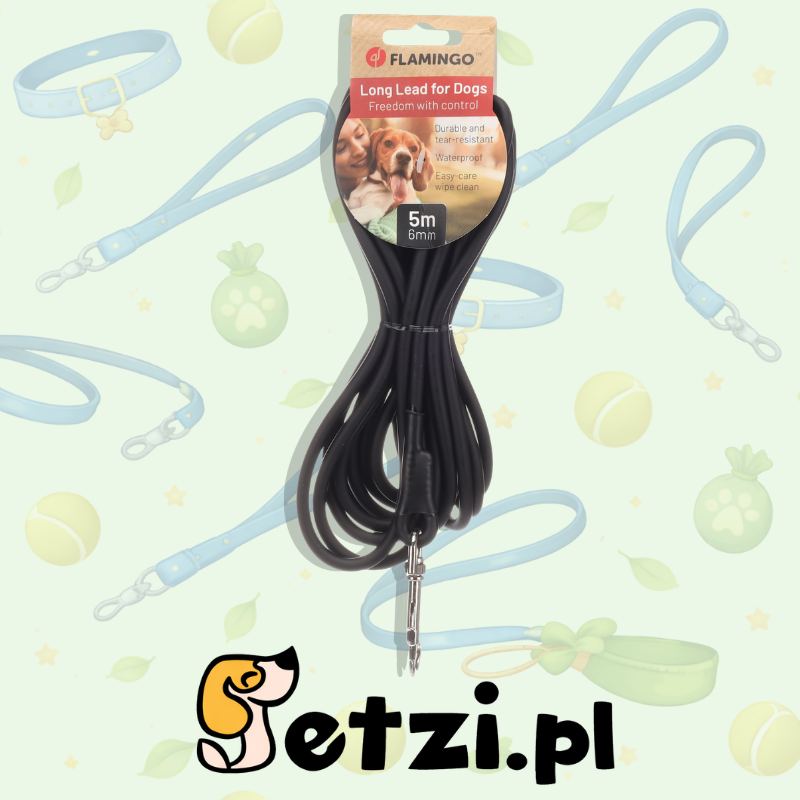 FLAMINGO DOG TRAINING AND TRACKING LEASH CASPAR BLACK 5M 6MM