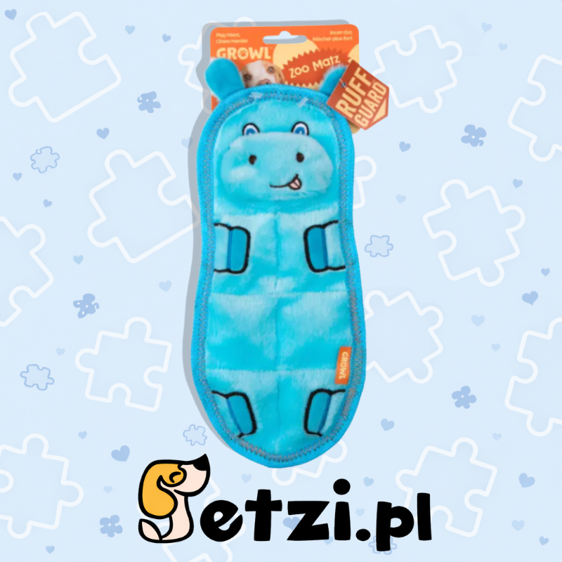 GROWL ZOO MATZ HIPPO BLUE - WYTRZYMAŁA PŁASKA ZABAWKA DLA PSA Z PISZCZAŁKAMI