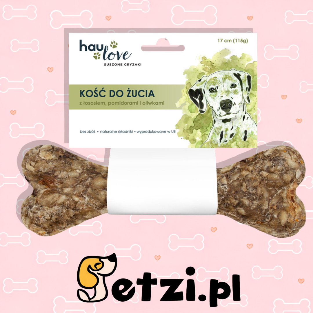 HAULOVE KOŚĆ DO ŻUCIA Z ŁOSOSIEM, POMIDORAMI I OLIWKAMI 17CM