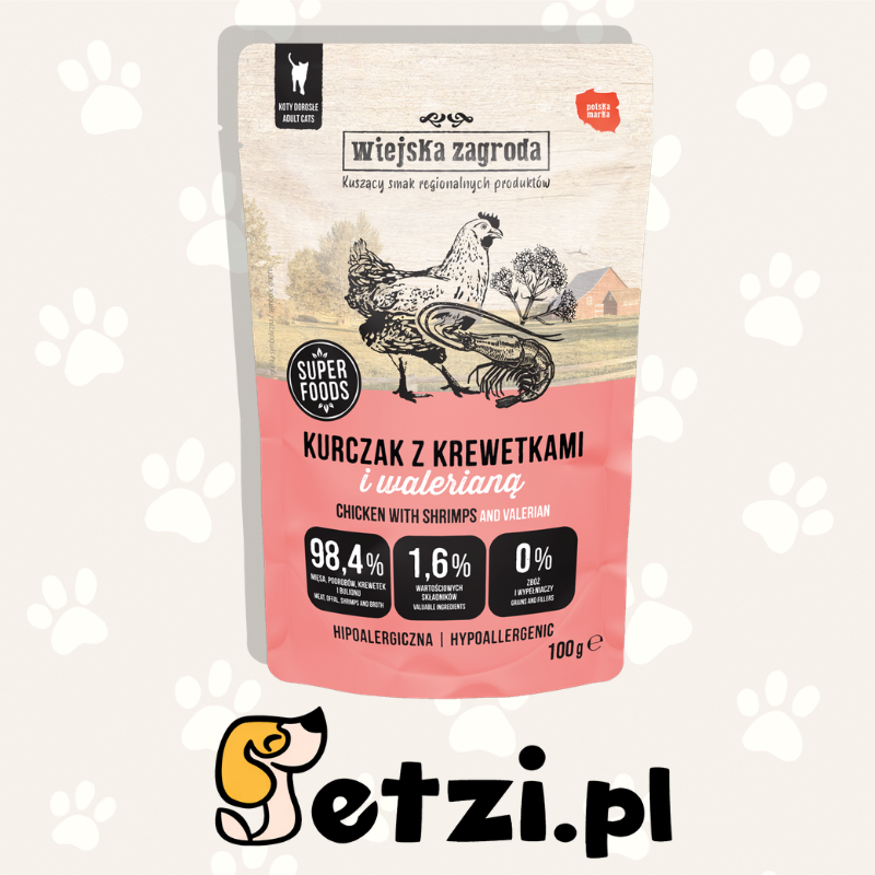 WIEJSKA ZAGRODA KARMA MOKRA DLA KOTA KURCZAK Z KREWETKAMI I WALERIANĄ (DOROSŁY) 100G