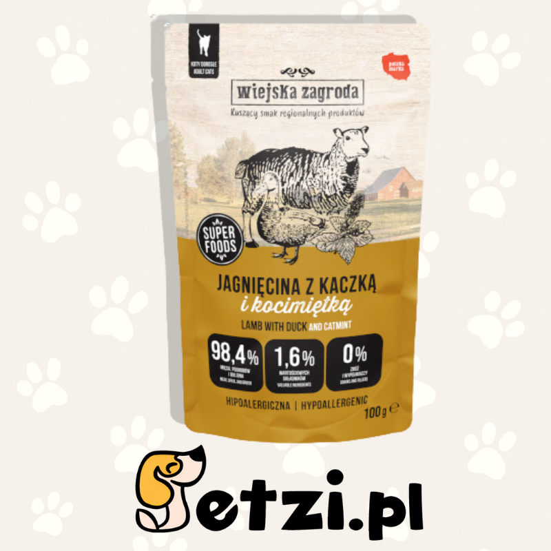 WIEJSKA ZAGRODA KARMA MOKRA DLA KOTA JAGNIĘCINA Z KACZKĄ I KOCIMIĘTKĄ (DOROSŁY) 100G